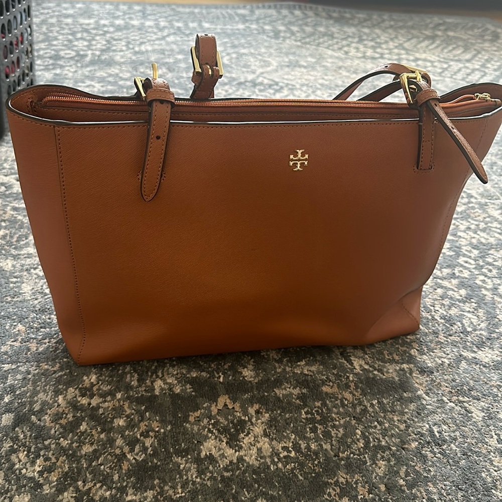 Tory Buch Leather Work Tote in Medium Brown
